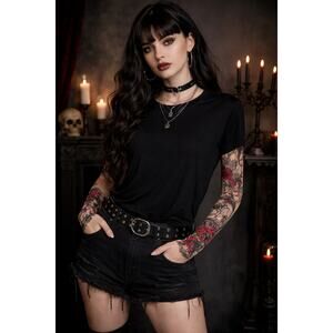 Dirttytown Tattoo Sleeve T-Shirt Womens Large Black Rose Skull Mesh Goth Punk